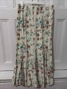 Floral Tiered Maxi Skirt - Cream with Teal & Rust Floral Print